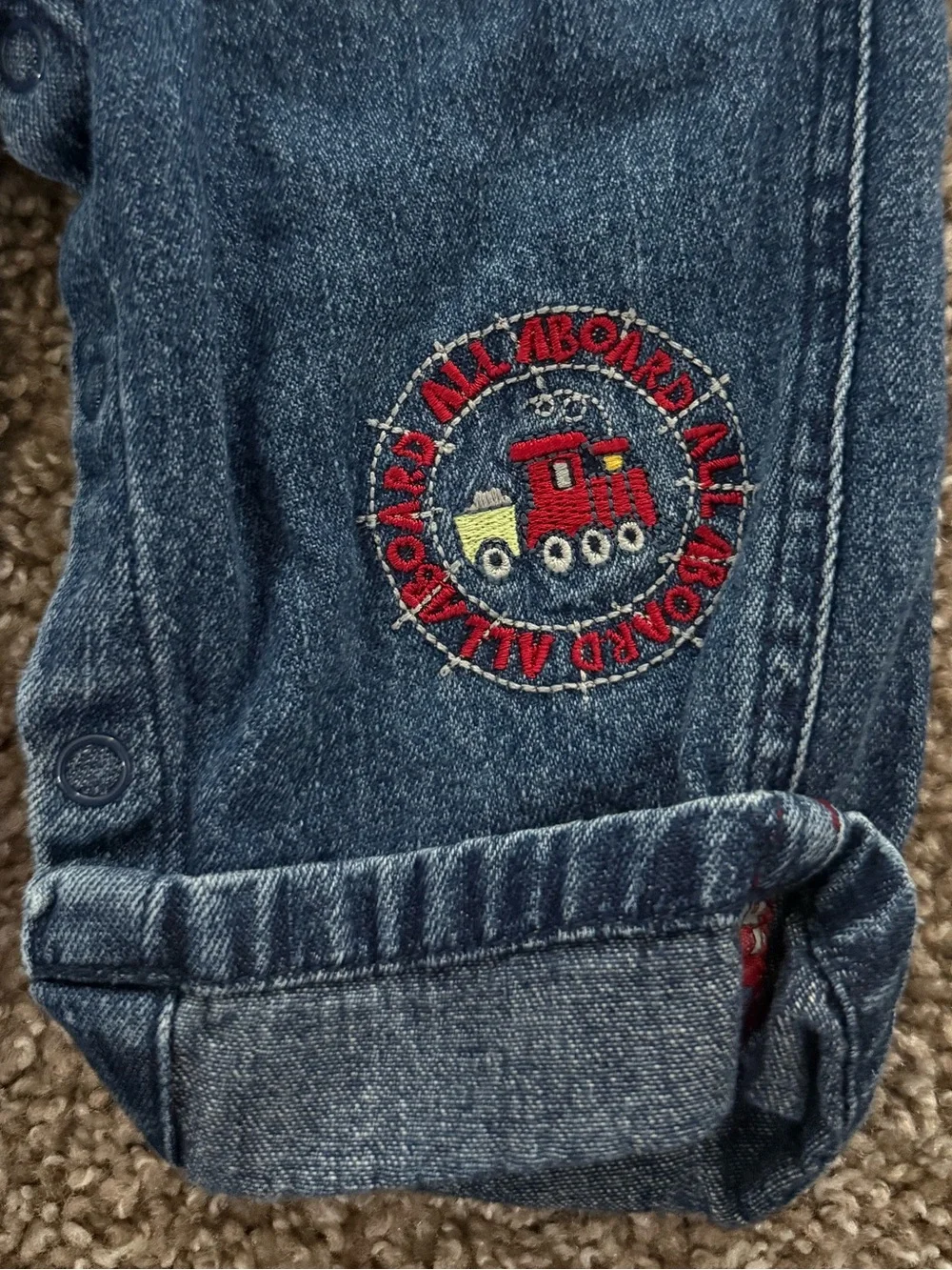 Vintage Y2K Koala Baby 3-6M Denim Train Overalls Embroidered Halloween Costume
